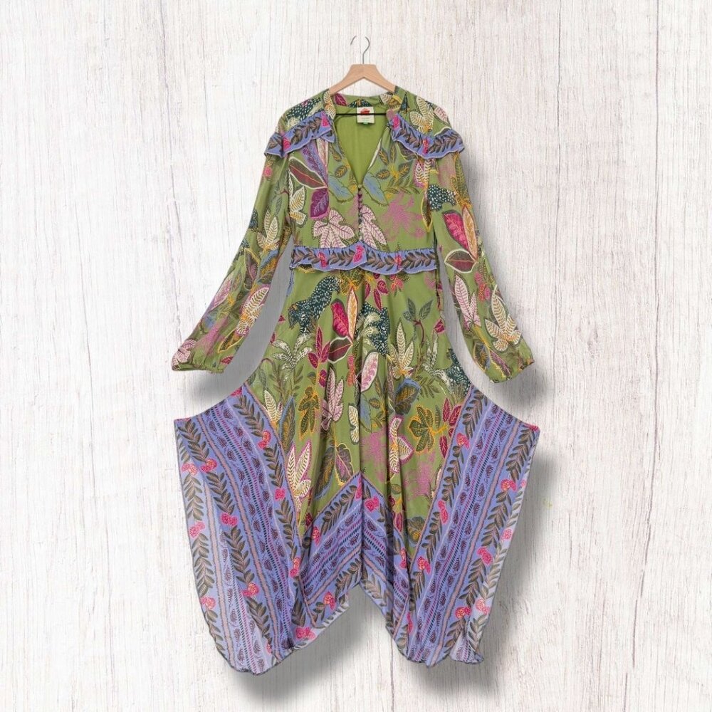 FARM Rio Green Floral Maxi Dress with Lavender Accents
